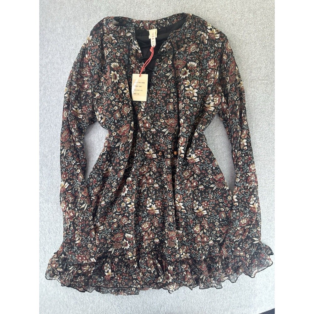 Raga Mini Dress Womens XS Floral Chiffon Lace Up Neck Ruffle Lined Festival NEW